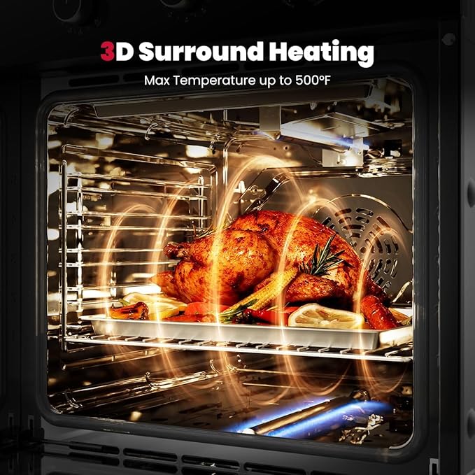 GASLAND 24 in Gas Wall Oven ETL Certified Built-in Single Wall Oven Natural Gas Wall Oven with Bake Broil Rotisserie Functions Timer and Convection Fan 120V Cord Plug Black