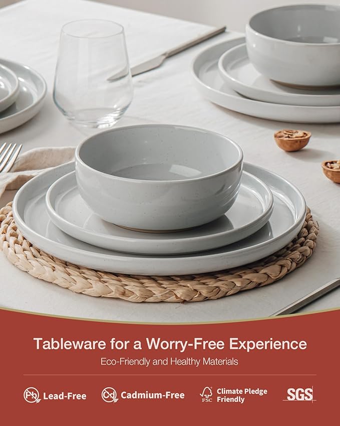 Famiware Milkyway Stoneware Dinnerware Sets with Pasta Bowls Service for 6 (24 Pieces) Plates and Bowls Sets -Scratch Resistant Microwave and Dishwasher Safe Dishes Set Light Gray