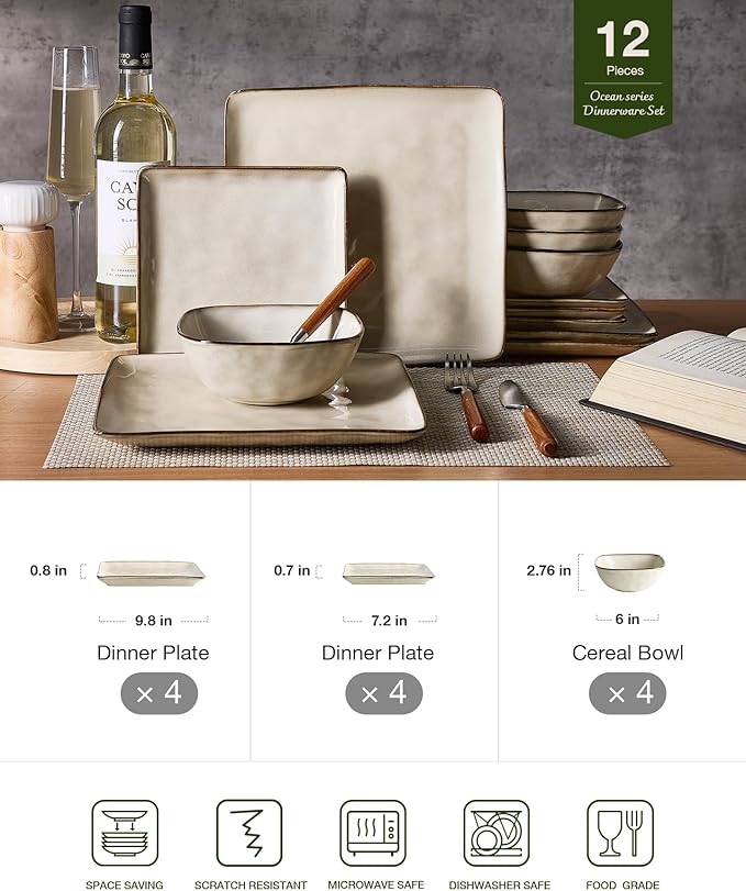 Famiware Dinnerware Sets for 4 Ocean Square 12-Piece Kitchen Plates and Bowls Sets Microwave and Dishwasher Safe Scratch Resistant Light khaki