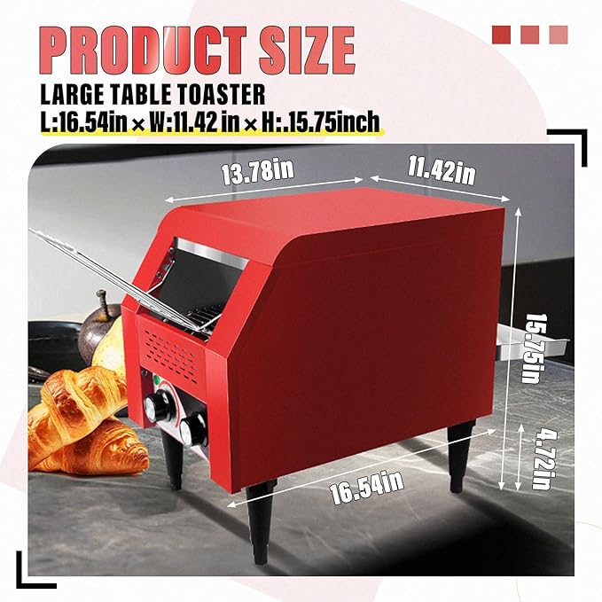 Commercial Conveyor Toaster 150 Slices/Hour Red Conveyor Toaster 3 Modes/7 Speeds Stainless Steel Tabletop Toaster for Toast Bagels and Other Baked Breads