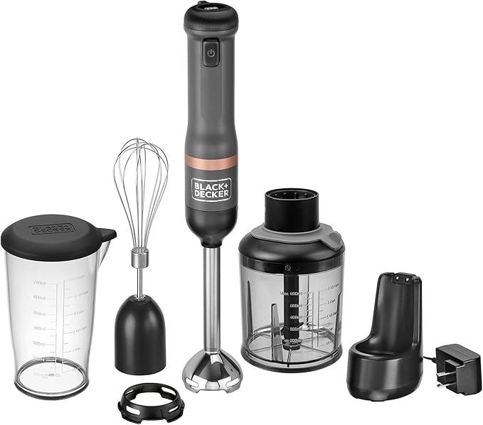 BLACK+DECKER Kitchen Wand Cordless Immersion Blender 3 in 1 Multi Tool Set Hand Blender with Charging Dock Whisk and Chopper Grey (BCKM1013K01)