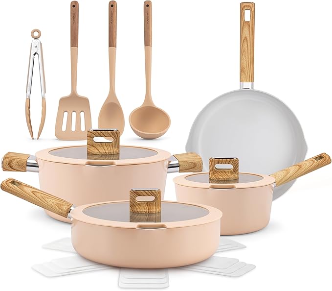 NutriChef Ceramic Cookware Set with Cooking Utensils - 14-Piece Nonstick Cookware Set with Glass Lids Compatible with All Cooktops Heat-Resistant Handles and Stylish Finish (Pink)