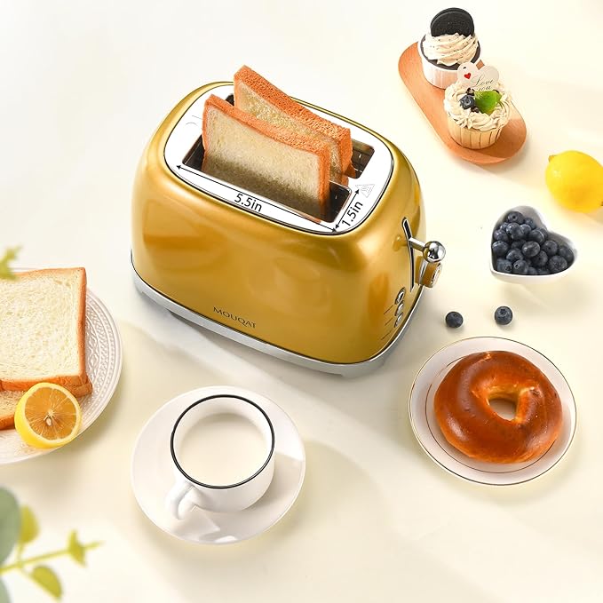 Gold 2 Slice Toaster Wide Slot Stainless Steel 6 Shade Settings Bagel Defrost &amp Cancel Functions Removable Crumb Tray Different Toast Sizes Cord Wrap 825w