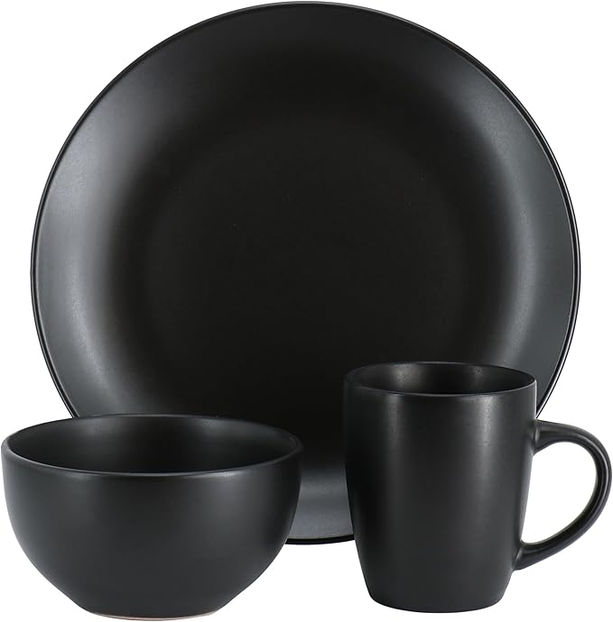 Plus 12 Piece Round Stoneware Dinnerware Set in Black Solid Casual Dishwasher Safe