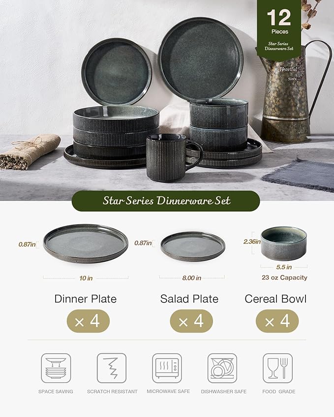 Famiware Star Dinnerware Set Plates and Bowls Sets for 4 (12pcs) Ribbed Stoneware Dishes - Chip &amp Scratch Resistant Microwave &amp Dishwasher Safe Deep Forest