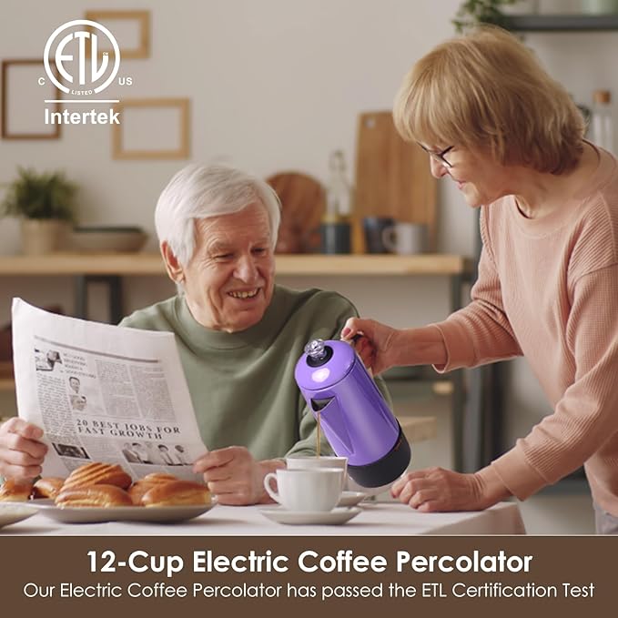 HOMOKUS Electric Coffee Percolator 12 CUPS Percolator Coffee Pot Stainless Steel Percolator Coffee Maker with Clear Knob Cool-touch Handle Auto Keep Warm Function (Purple)