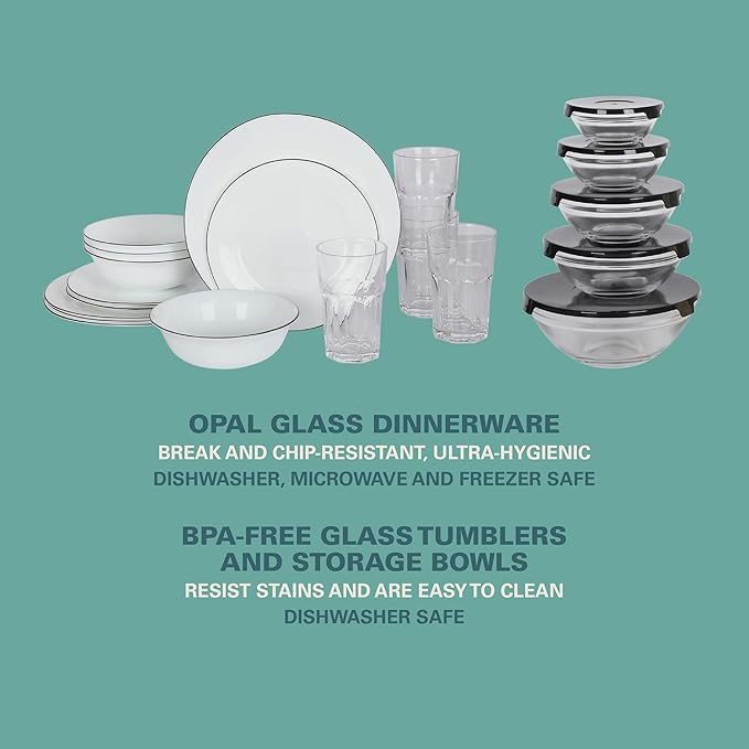Gibson Home 74 Piece Kitchen in a Box Pots and Pans Cookware Plates and Bowls Dinnerware Cutlery Knife Block Flatware Utensils Tools &amp Gadgets Storage Glasses Set