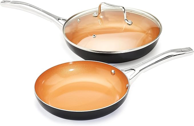 Amazon Basics Ceramic Nonstick Cookware Set Induction Ready Dishwasher &amp Oven Safe Even Heating 10-Piece Set with Frying Pans Saucepans Glass Lids Copper Color