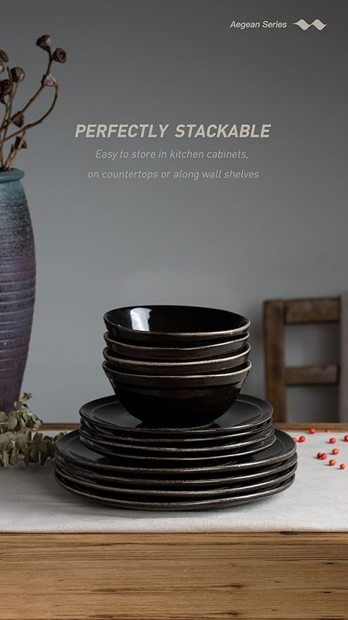 Famiware Aegean Stoneware Dinnerware Set for 8 Plates and Bowls Sets 24 Pieces Scratch Resistant Dinner Set Handmade Irregular Round Dishes - Microwave and Dishwasher Safe Black Coffee