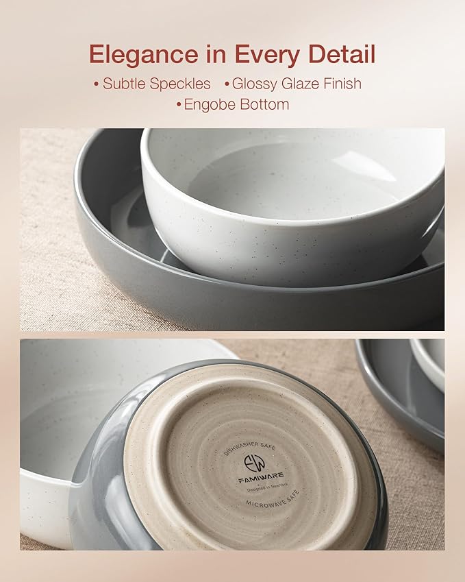 Famiware Milkyway Plates and Bowls Sets 12 Pieces Stoneware Dinnerware Sets Dishes Set for 4 White &amp Dark Gray