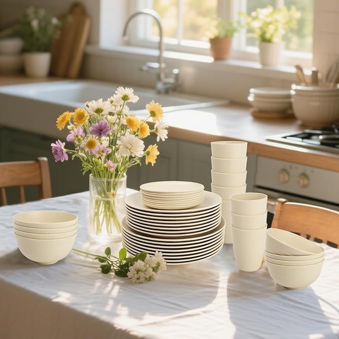 40 PCS Wheat Straw Dishes Sets | Reusable Dinnerware Set for 8 - Dinner Plates Cereal Bowls Drinking Glasses Unbreakable Plastic Plates and Bowls Sets Microwave Safe for Kitchen - Beige
