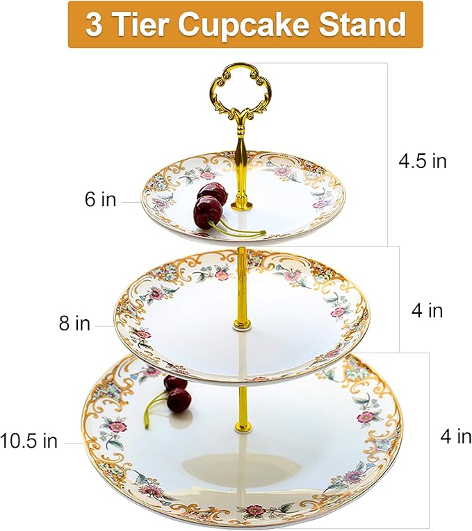 ACMLIFE Bone China Dinnerware Set and 3-Tier Serving Stand Porcelain Cupcake Stand 3-Tier Tray Stand