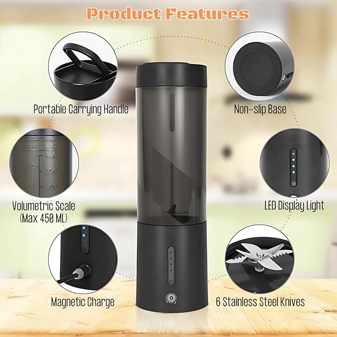 Portable Juicer Blender USB Rechargeable Smoothie Maker with 6 Upgraded Blades and 4000mAh Battery 450ml/15oz Capacity Ideal for Smoothies Protein Shakes Travel and Office (Mint Blue)