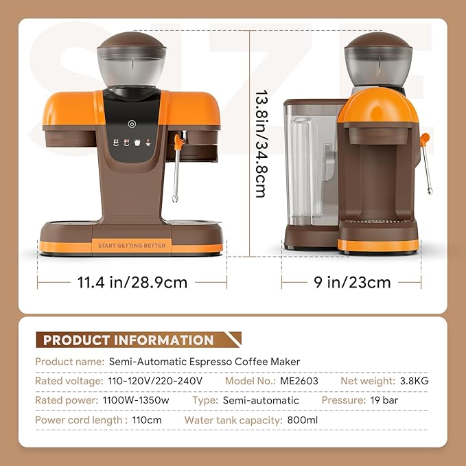 20 Bar Espresso Machine with Grinder &amp Steam Wand - Semi Automatic Coffee Maker NTC Intelligent Temp Control 58mm Stainless Steel Portafilter One-Touch Panel for Home Barista (Removable Water T
