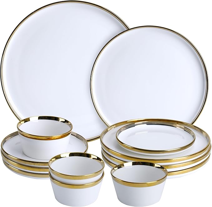 Premium Dinnerware Set 12-Piece with Gold Rim Service for 4White Bone China Porcelain Plates &amp Bowls Chip Resistant Oven &amp Dishwasher Safe for Fine Dining Set