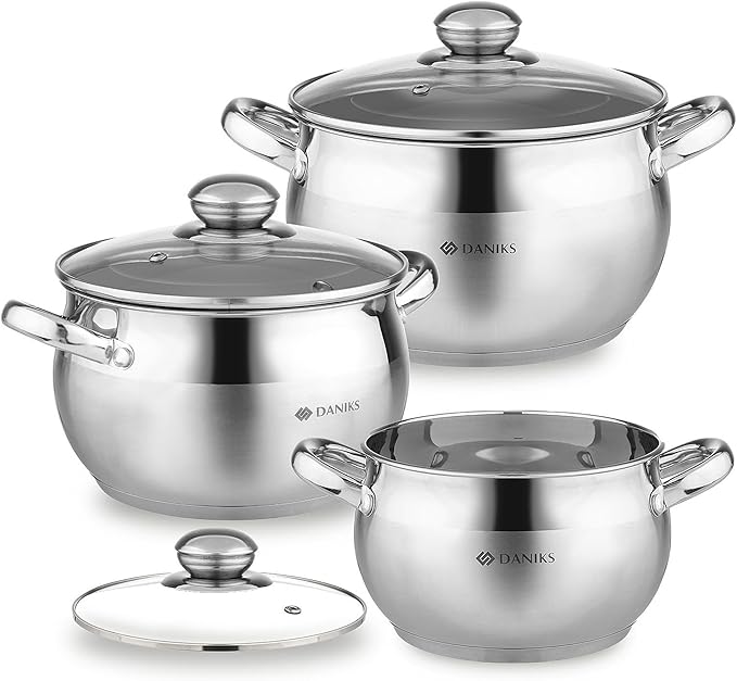 Daniks Classic 6-Piece Stainless Steel Cookware Set with Glass Lids Tri-Ply Bases for Even Heating Induction Compatible Dishwasher Safe