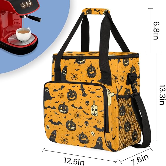 Halloween Pumpkin Coffee Maker Carrying Bag Gothic Pumpkin Travel Storage Bag Compatible with K-Mini or K-Mini Plus Single Serve Coffee Brewer Carrying Case with Multiple Pockets &amp Shoulder Stra