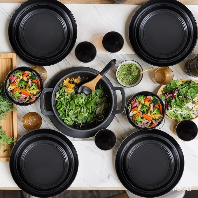LIYH 16 Pcs Black Wheat Straw Dinnerware Set - Unbreakable Plates and Bowls Sets Dish Sets for 4 Black Plastic Dinnerware Set Include Wheat Straw Dinner Plates Bowls Cups Kitchen &amp Camping