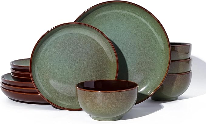 Stoneware Dinnerware Sets 12-Piece Ceramic Plates and Bowls Sets for 4 Sage Green Microwave and Dishwasher Safe 10 Inch Dinner Plates 8.2 Inch Salad Plates 5.4 Inch Bowls