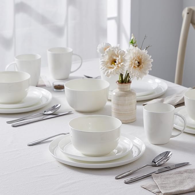 16Piece Bone China Dinnerware Set with Minimalist Pure White Design Embossed Plates Bowls mugs Chip-Resistant Lightweight Elegant and Durable Service for 4 White