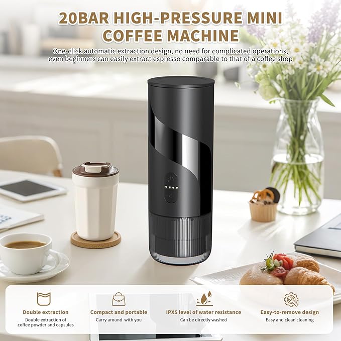 Portable Coffee MachineRechargeable Cafetière Portable de Voyage with USB-C 20bar Electric Coffee Maker for Camping &amp Travel 3-in-1 Car Coffee Maker Compatible with Coffee Grounds&ampCapsule
