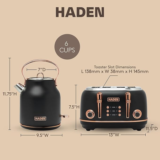 Haden Heritage 4 Slice Wide Slot Stainless Steel Toaster Bundled with 1.7 Liter Stainless Steel Electric Water Kettle Black &amp Copper
