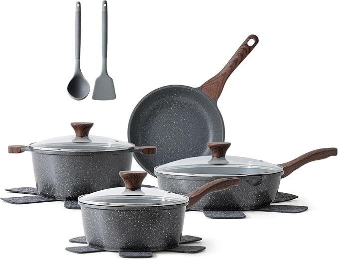 SENSARTE Nonstick Cookware Set 13-Piece Non Stick Pots and Pans Set with Swiss Granite Coating Healthy Kitchen Cooking Set Stay-Cool Handles PFOA Free
