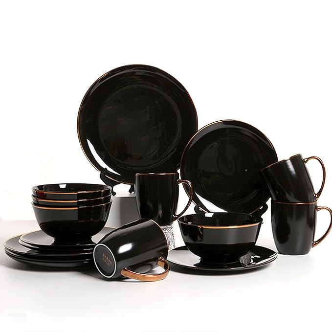 KOKEN Porcelain Dinnerware Set - 16 Pc Round Dinner Set with Mugs Microwave Safe