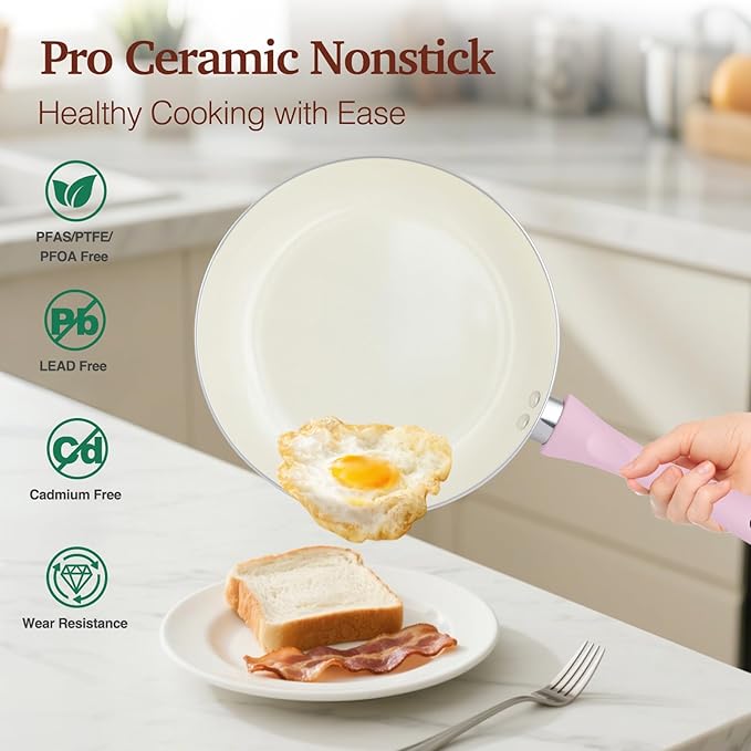 Pots and Pans Set Non Stick Pink Ceramic Cookware Set 11-Piece Induction Cookware Non Toxic Healthy Kitchen Cooking Set Gold Knobs Lids Stay-Cool Handles
