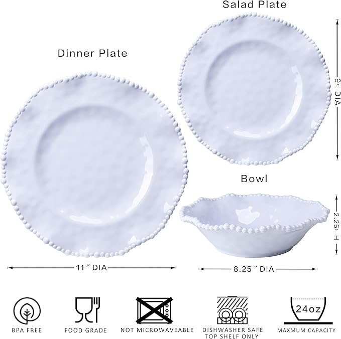 12-Piece White Beaded Melamine Dinnerware Sets – Chip-Resistant Plates &amp Bowls Farmhouse Dining Set includes 4 dinner 4 Salad and 4 Bowl – Ideal for RV Cabin Daily Use
