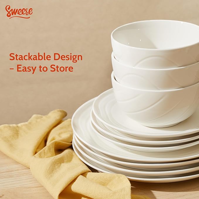 Sweese Porcelain Dinnerware Sets for 6 18 Pieces Ceramic Plates and Bowls Sets Handcrafted Minimalist Dinner Set Chip and Scratch Resistant Dish Set Dishwasher &amp Microwave Safe White