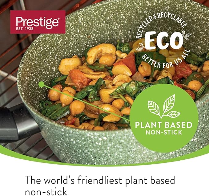 PRESTIGE Eco Non Stick Pots and Pans Set – 5 Piece Recycled Induction Hob Pan Set with Lids Soft Grip Stay Cool Handles Set of 3 Saucepans &amp Set of 2 Frying Pans Green