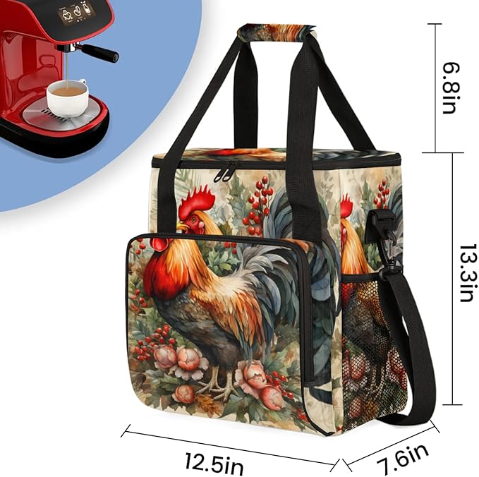 Farmhouse Rooster Coffee Maker Travel Bag for Keurig K-Mini/K-Mini Plus Insulated Waterproof Tote with Pockets for K-Cup Portable Single-Serve Brewer Case