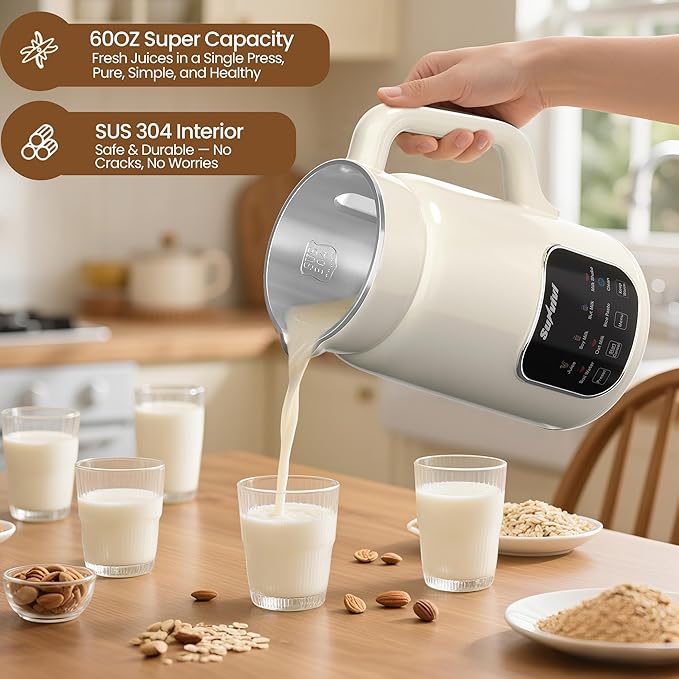 Sunvivi 8 in 1 Nut Milk Maker Machine: 60oz Soy Milk Maker for Soy/Nut/Oat Milk Juice Milkshake Rice Paste and Boil Water Countertop Blender with Delay Start/Keep Warm/Self Clean Food Processor