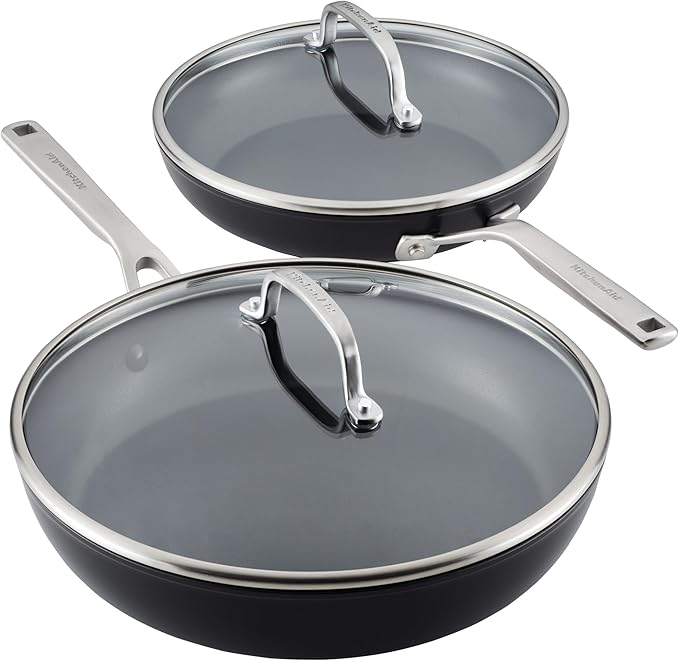 KitchenAid Hard Anodized Induction Nonstick Frying Pan Set With Tempered Lids 4-Piece - 10 &amp 12 Inch – Durable Even Heating Oven Safe to 500°F Dishwasher Safe Easy-Clean