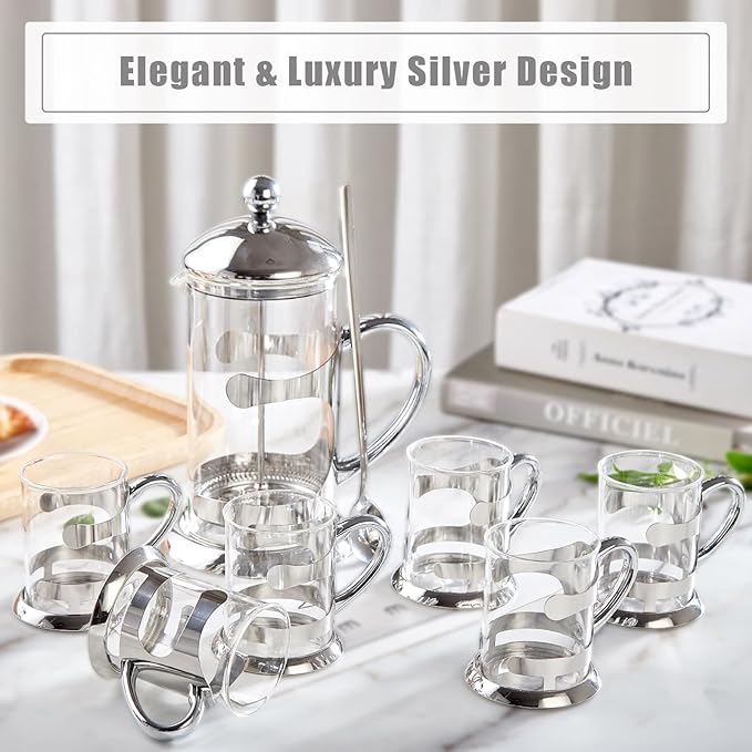 DUJUST Silver French Press Set with 6 Cups &amp Tray Luxury Design Coffee Maker with 4-Level Filter System Hot &amp Cold Resistant Glass French Coffee Press Set Well Packed Holiday Gift &amp Ho