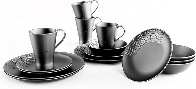 Nomnu Spiderweb Dinnerware Set (16 Pieces) - Goth Dinnerware Set - Black Matte Porcelain - 4 Dinner Plates 4 Salad Plates 4 Bowls 4 Mugs - Halloween Spooky Dishes Gothic Kitchen Decor Gifts