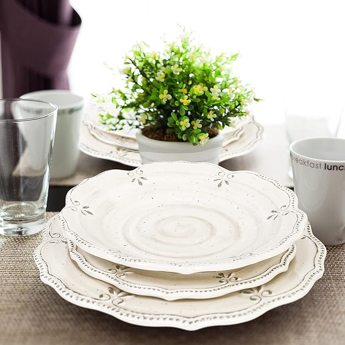 Dinnerware Sets 12 pcs Plates and Bowls Sets Melamine Plates Indoor and Outdoor use French Court Style Dish Set Plate Set for 4 Dishwasher Safe（White）