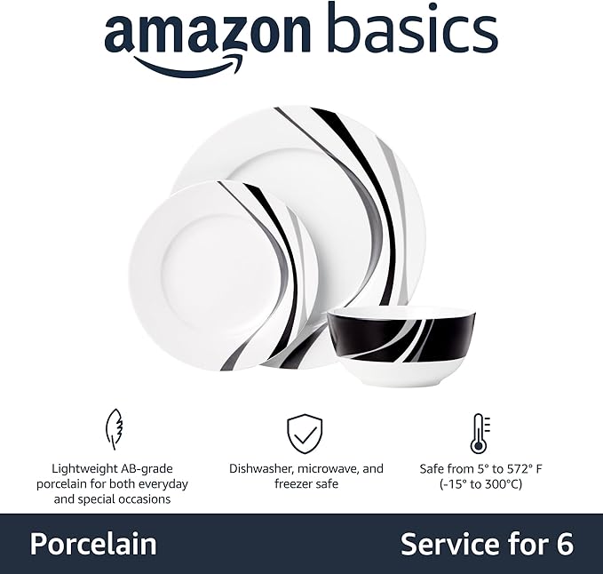 Amazon Basics 18-Piece Complete Kitchen Dinnerware Set Microwave and Dishwasher Safe Plates Dishes Bowls Swirl Heat Resistant Service for 6 Everyday Use