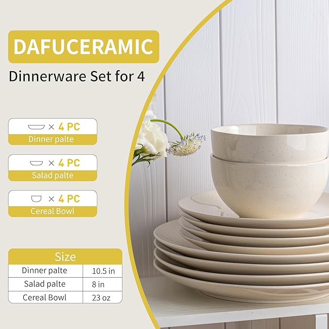 Plates and Bowls Sets 12 Pieces Modern Stoneware Dinnerware Set for 4 Kitchen Dinner Set Ceramic Dishware Dishes Set Microwave and Dishwasher Safe (White)