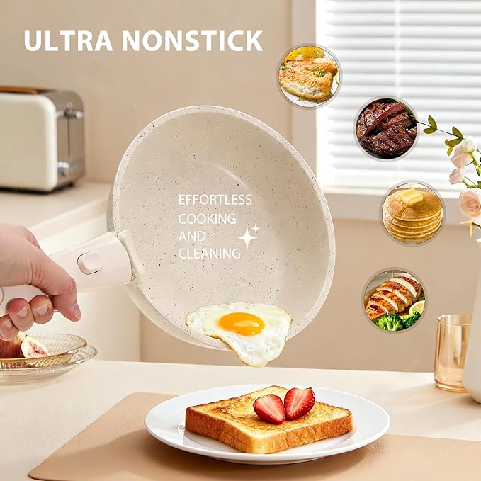 Nonstick Ceramic Cookware Set 20-Piece - Pots and Pans Set with Detachable Handle - RV Stackable Kitchen Cooking Set Induction/Dishwasher/Oven Safe with Frying Cream White