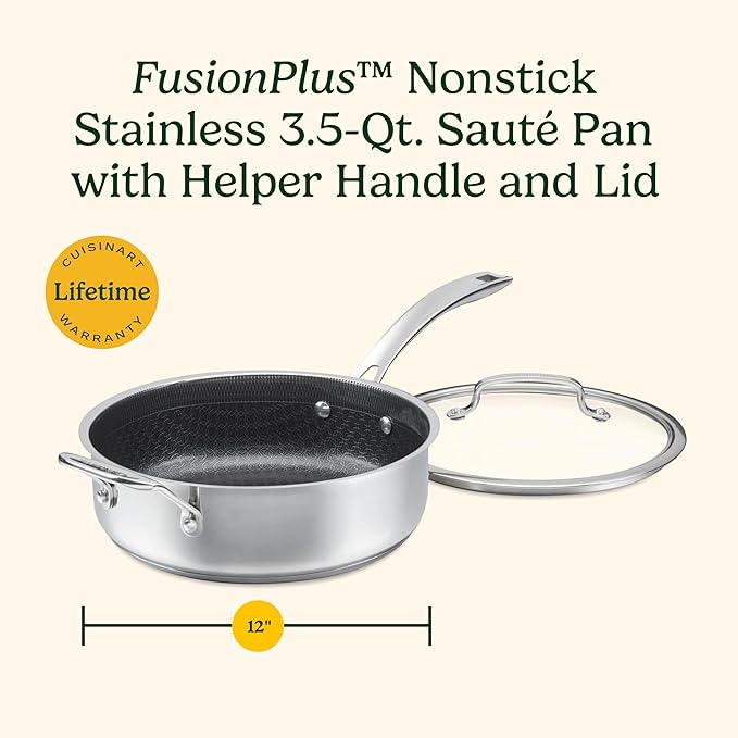 Cuisinart FusionPlus Hybrid Nonstick Stainless Steel Cookware 3.5-Quart Sauté Pan with Cover and Helper PFAS-Free PURELYSEAR Ceramic Technology Scratch Proof Cool Grip Handles Dishwasher Safe