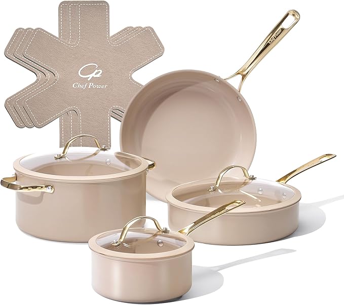 Chef Power Ceramic Cookware Sets 10Pcs Pots and Pans Set Non Stick Cookware Set with Stainless Steel Handle Dishwasher &amp Oven Safe Taupe and Light Gold Handle