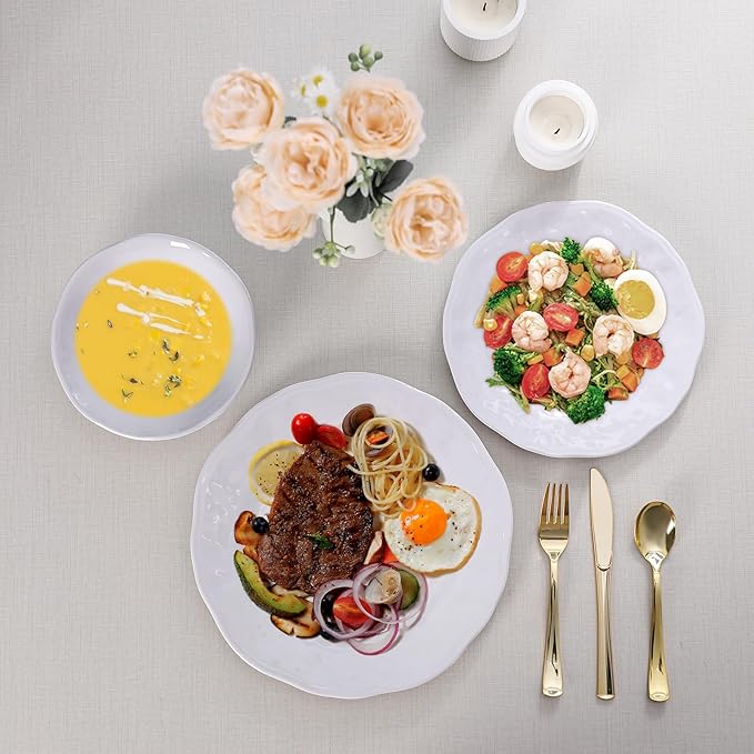 White Melamine Dinnerware Set 18 Pcs Lightweight and Unbreakable Outdoor Plates and Bowls Sets Camping Melamine Dishes Set for 6 Chip Resistant Kitchen Plates for Indoor and Outdoor Use