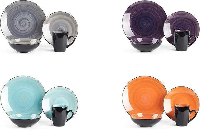 Sonoma 16 Piece Stoneware Dinner Set Samoa Outside Black + Inside Hand painted Combi Colors of Grey Orange Purple and Turquoise) with speckle