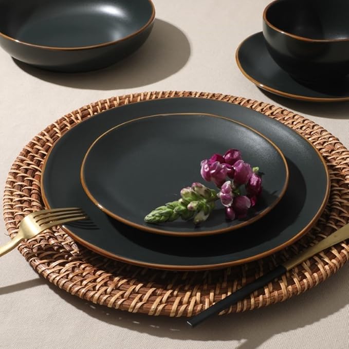 Gibson Home Hazeltine 16-Piece Black Stoneware Dinnerware Set – Plates and Bowls Durable Ceramic Kitchen Dinner Set