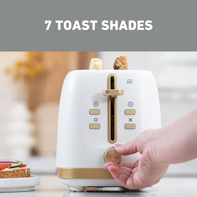 West Bend Timeless 2-Slice Toaster with 7 Browning Levels Bagel/Waffle/Defrost Settings High-Lift Lever Anti-Jam Easy-Clean Crumb Tray 2-Slice White/Gold