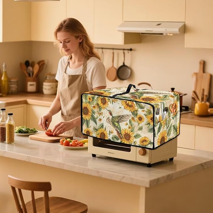 Dustproof Toaster Oven Cover Heat-Resistant Microwave Grill Cover Protector Faux Linen Polyester Dust Covers Case Protections for Toaster Oven Hummingbird Sunflower