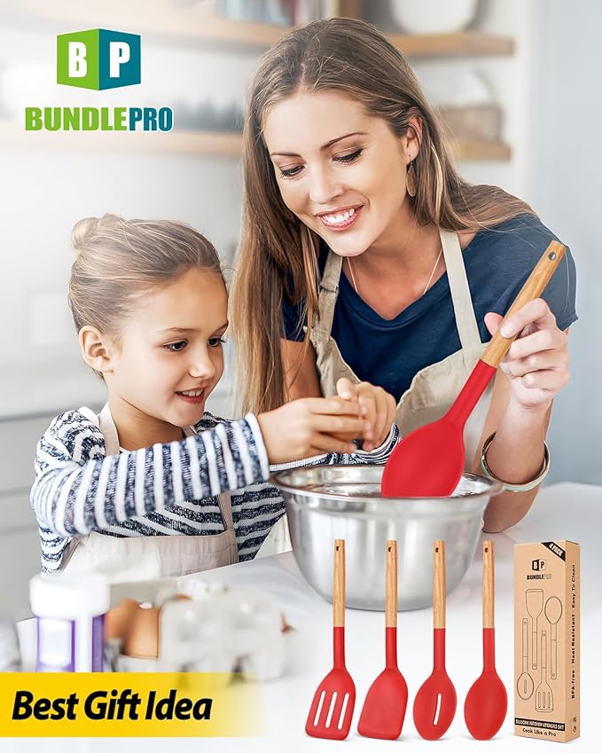 Pack of 4 Silicone Cooking Utensils Set Non Stick Solid Spatulas and Heat Resistant Slotted Spoons with Wooden Handle Ideal Wood Kitchen Utensils Set for FryingServingTurningStirring (RED)