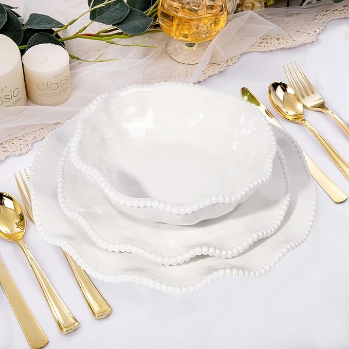 Melamine Dinnerware Sets Service for 4 Cream Plates and Bowls Set with Beaded Edge BPA Free Dishwasher Safe Heavy Duty Shatterproof Unbreakable Tableware for Wedding Party Camping Outdoor